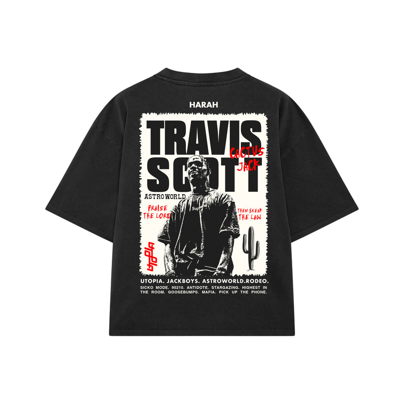 Black Travis Scott tee with large front graphic and slogan print