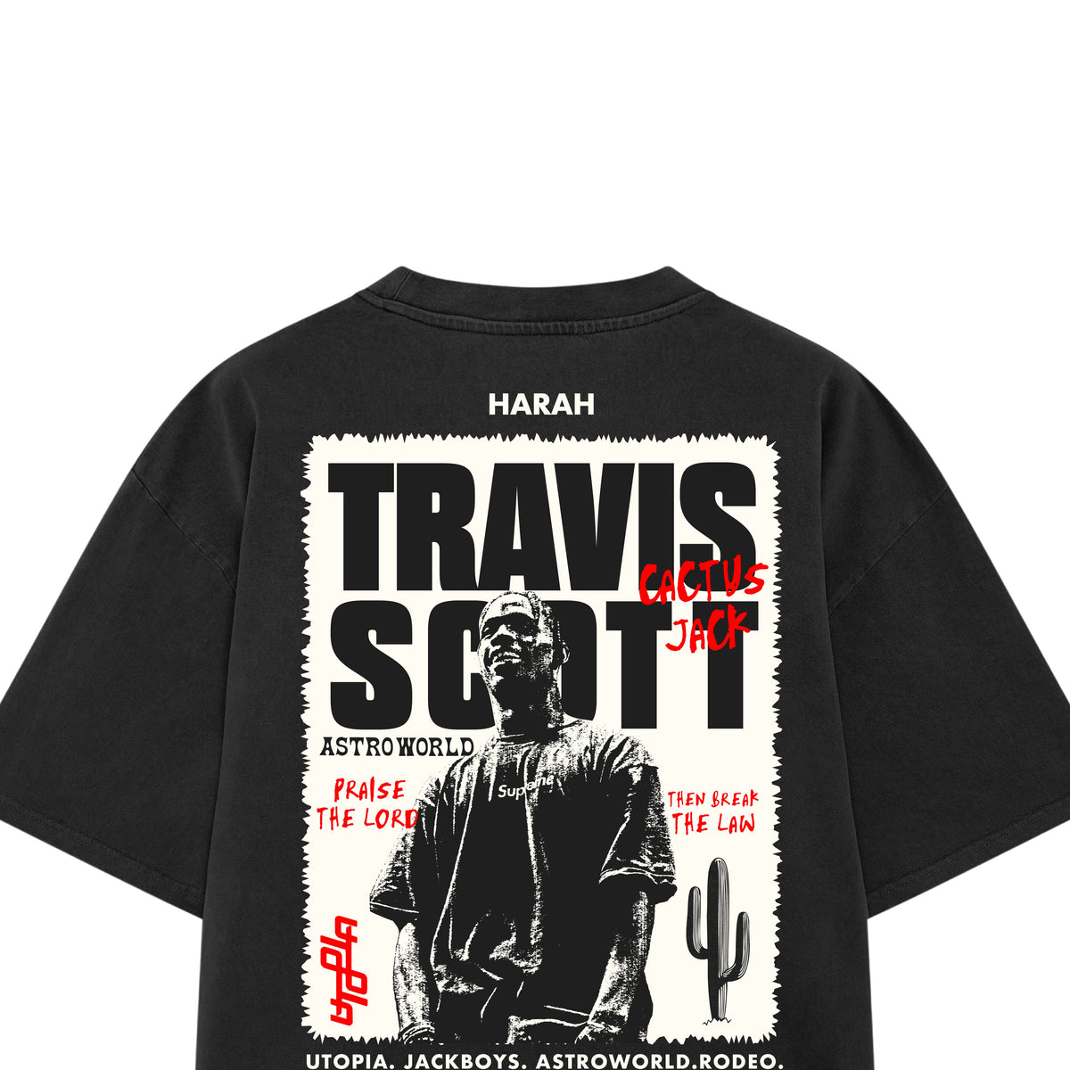 Black Travis Scott tee back with large TRAVIS SCOTT graphic print
