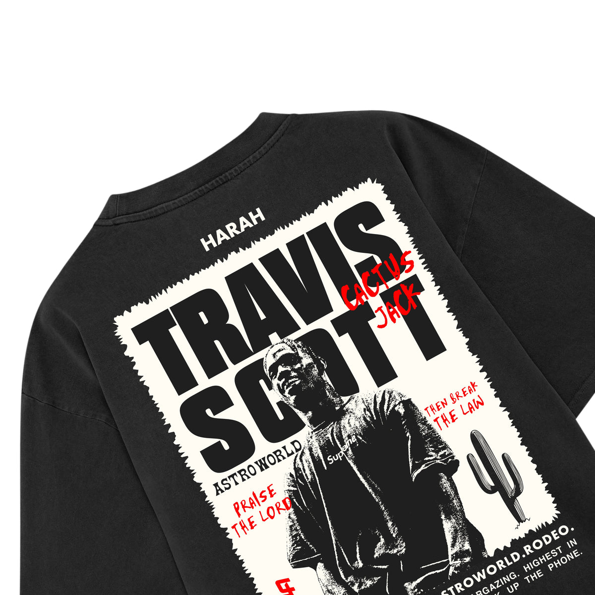 Black Travis Scott tee back close-up with TRAVIS SCOTT graphic and cactus text