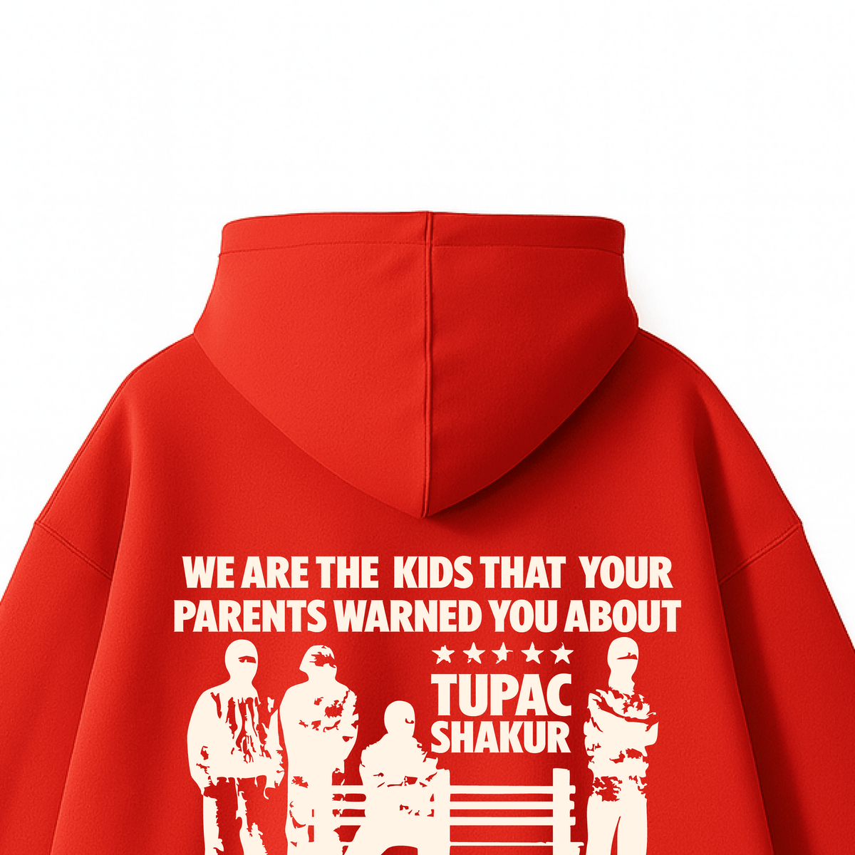 Red hoodie with 'We are the kids that your parents warned you about' back print