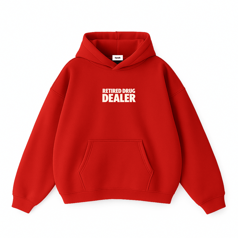 Red pullover hoodie with kangaroo pocket and 'Retired Drug Dealer' chest text