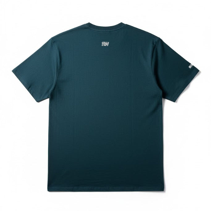 Sea green T-shirt back view with small RW logo near collar