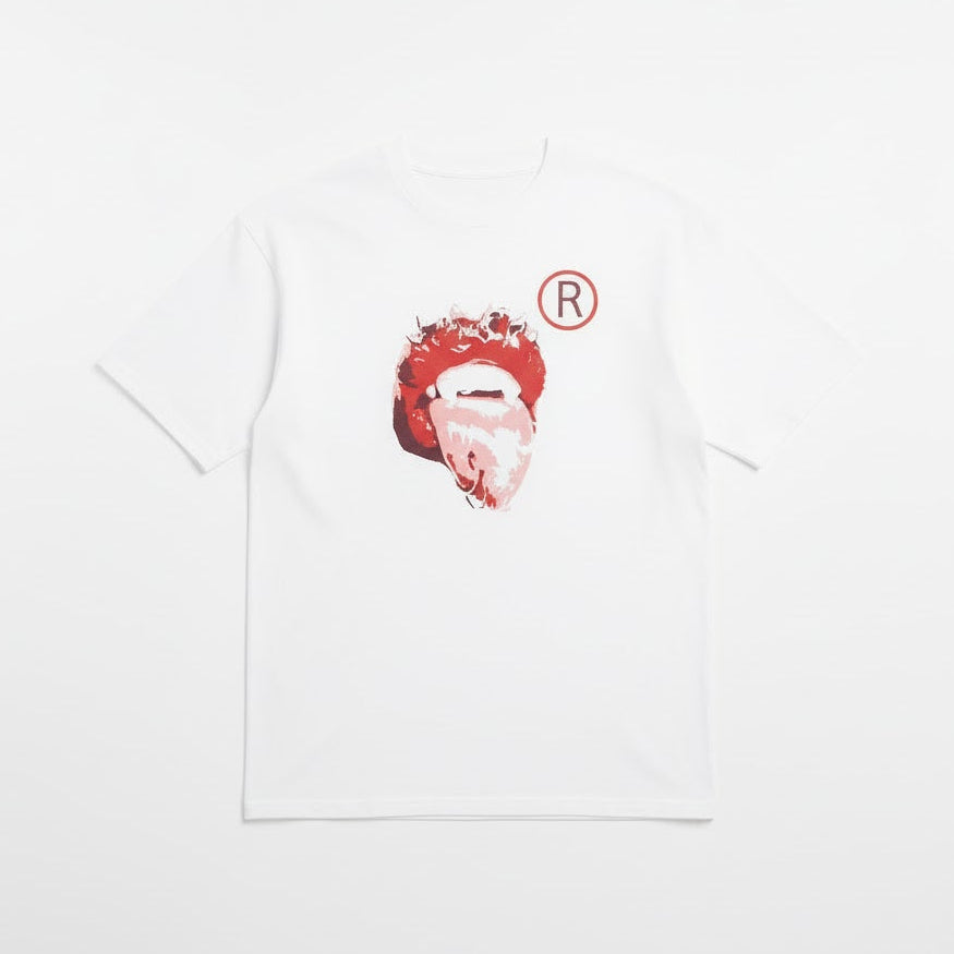 White Lovers Club T-shirt with red face graphic and registered trademark logo on chest.