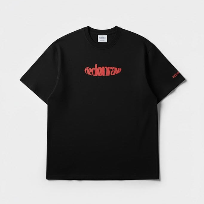 Black crewneck T-shirt with small red logo graphic centered on the chest.