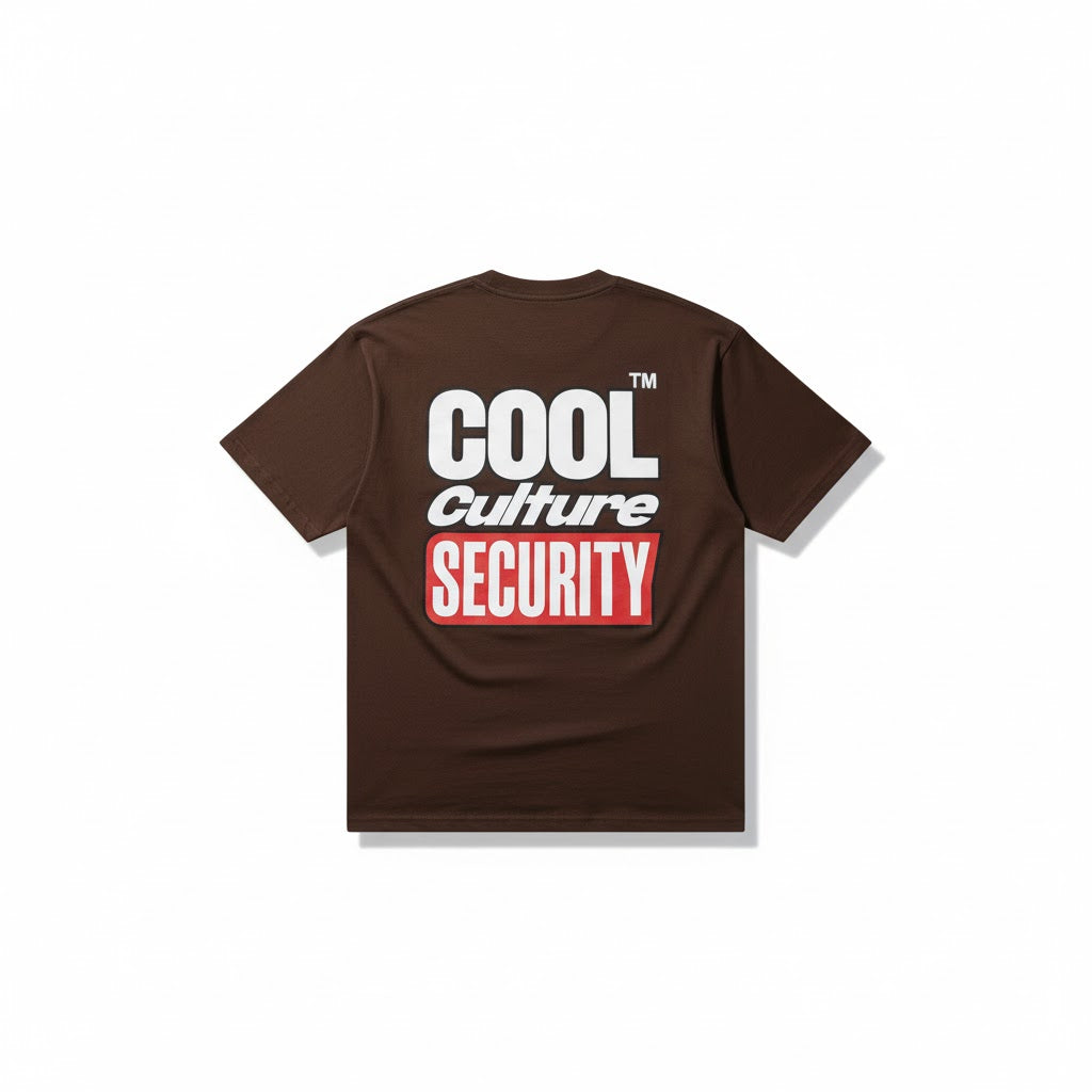 Brown T-shirt with COOL Culture SECURITY logo print, crew neck, short sleeves