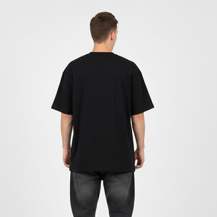 Black crewneck T-shirt, short sleeves, back view.