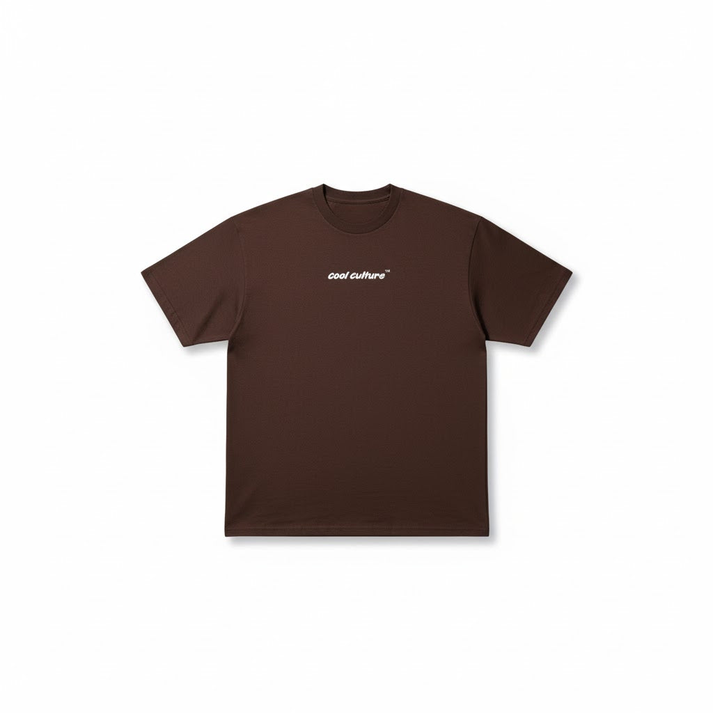 Brown T-shirt with small COOL Culture text logo on chest, crew neck, short sleeves