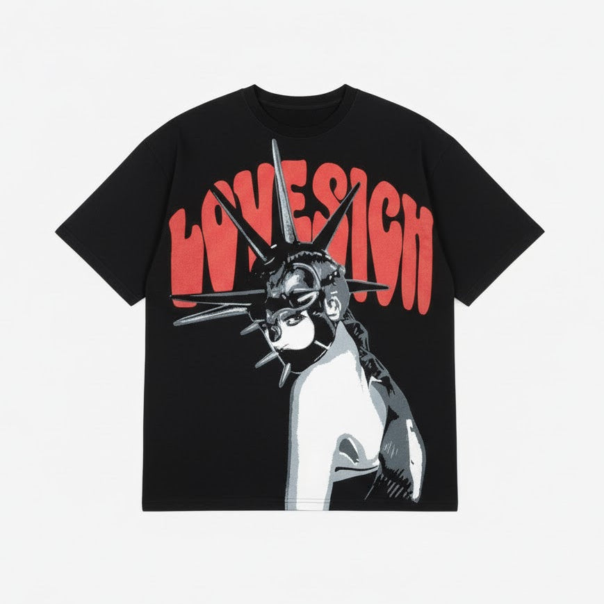 Black crewneck T-shirt with red arched text and cat graphic on front.