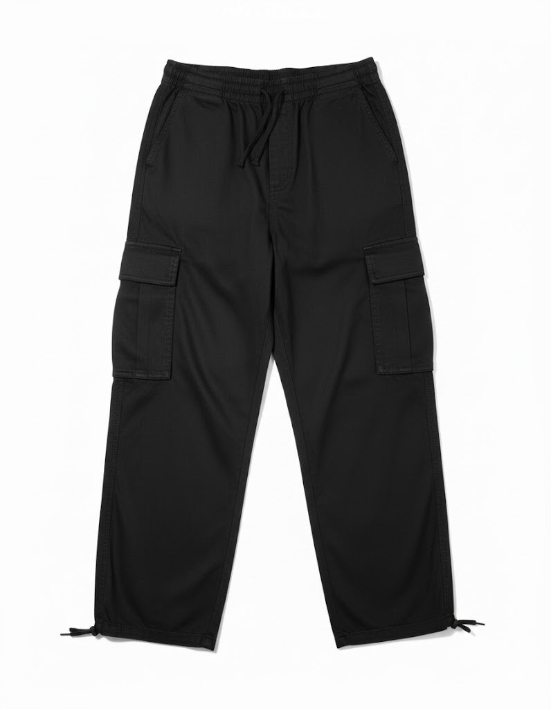 Black cargo pants with drawstring waist, side cargo pockets, and adjustable hem straps