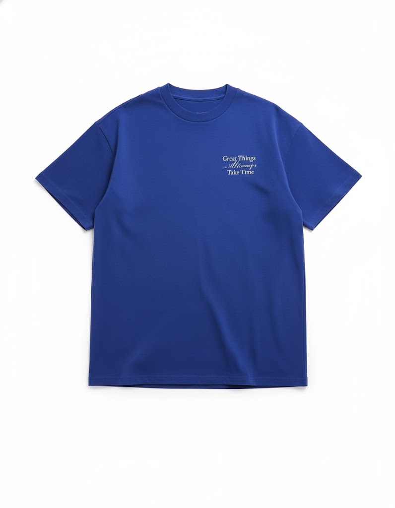 Blue oversized crewneck T-shirt with small chest logo text print