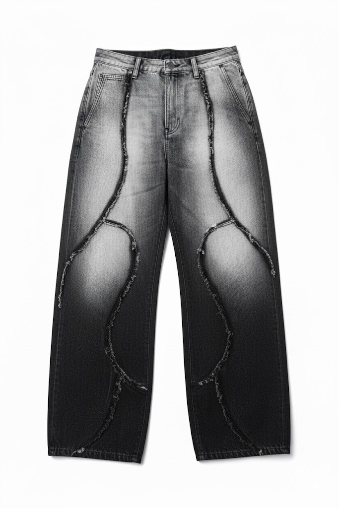 Wide-leg fade-wash denim jeans with dark stitched side panels and button front