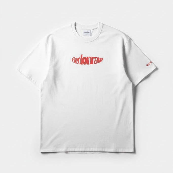 White crew-neck T-shirt with red front graphic logo print and short sleeves.