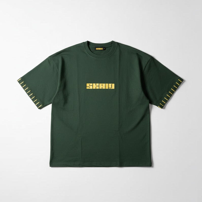 Flat green graphic T-shirt with yellow SHAWN logo and striped sleeve trim