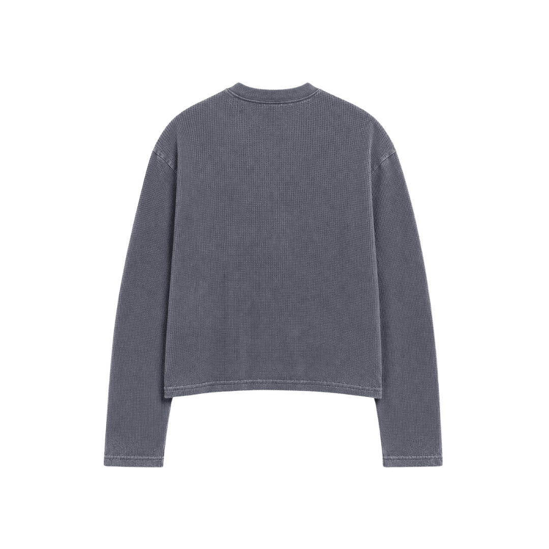 Washed waffle long-sleeve crewneck sweatshirt, dark gray, plain back view