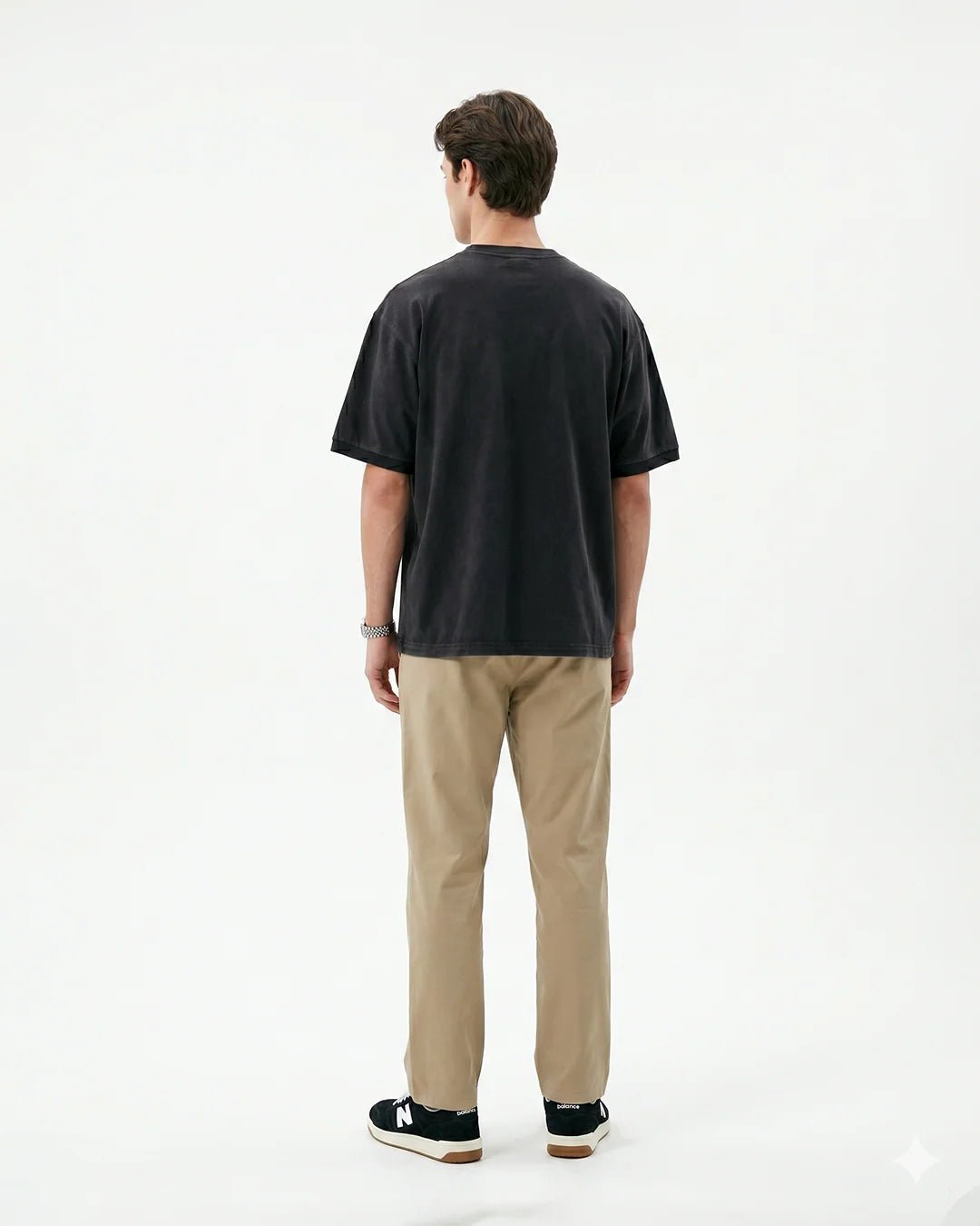 Black washed T-shirt, back view with no visible graphic, crew neck