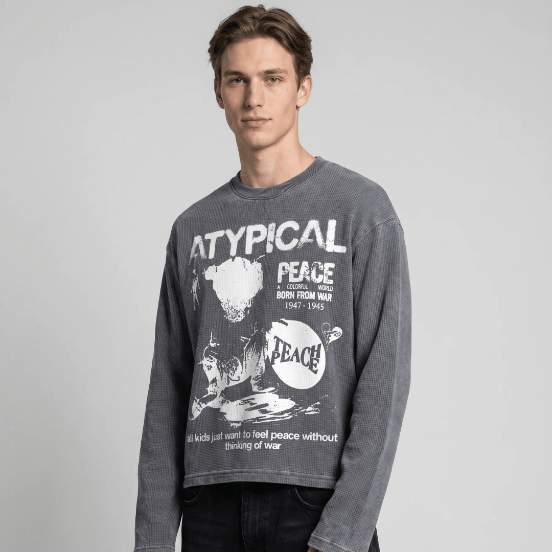 Dark gray waffle-knit long-sleeve sweatshirt with crew neck and white peace front print