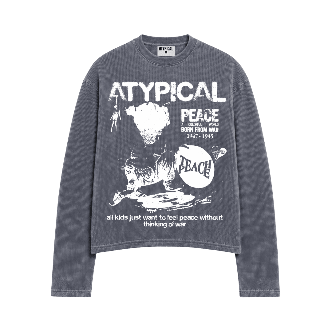 Washed waffle-knit long-sleeve sweatshirt in dark gray with large peace graphic