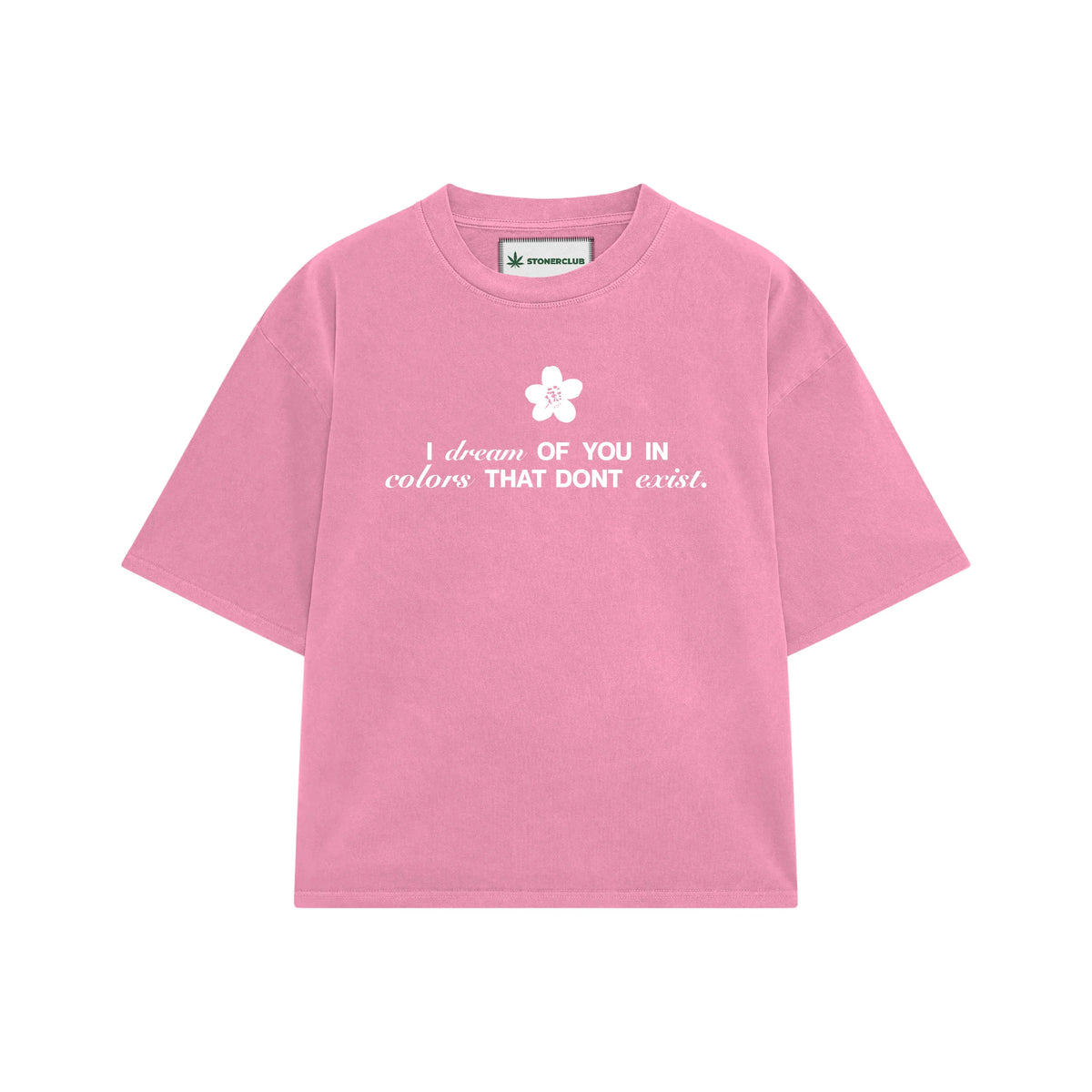 Pink boys' T-shirt with flower icon and 'I dream of you in colors' graphic