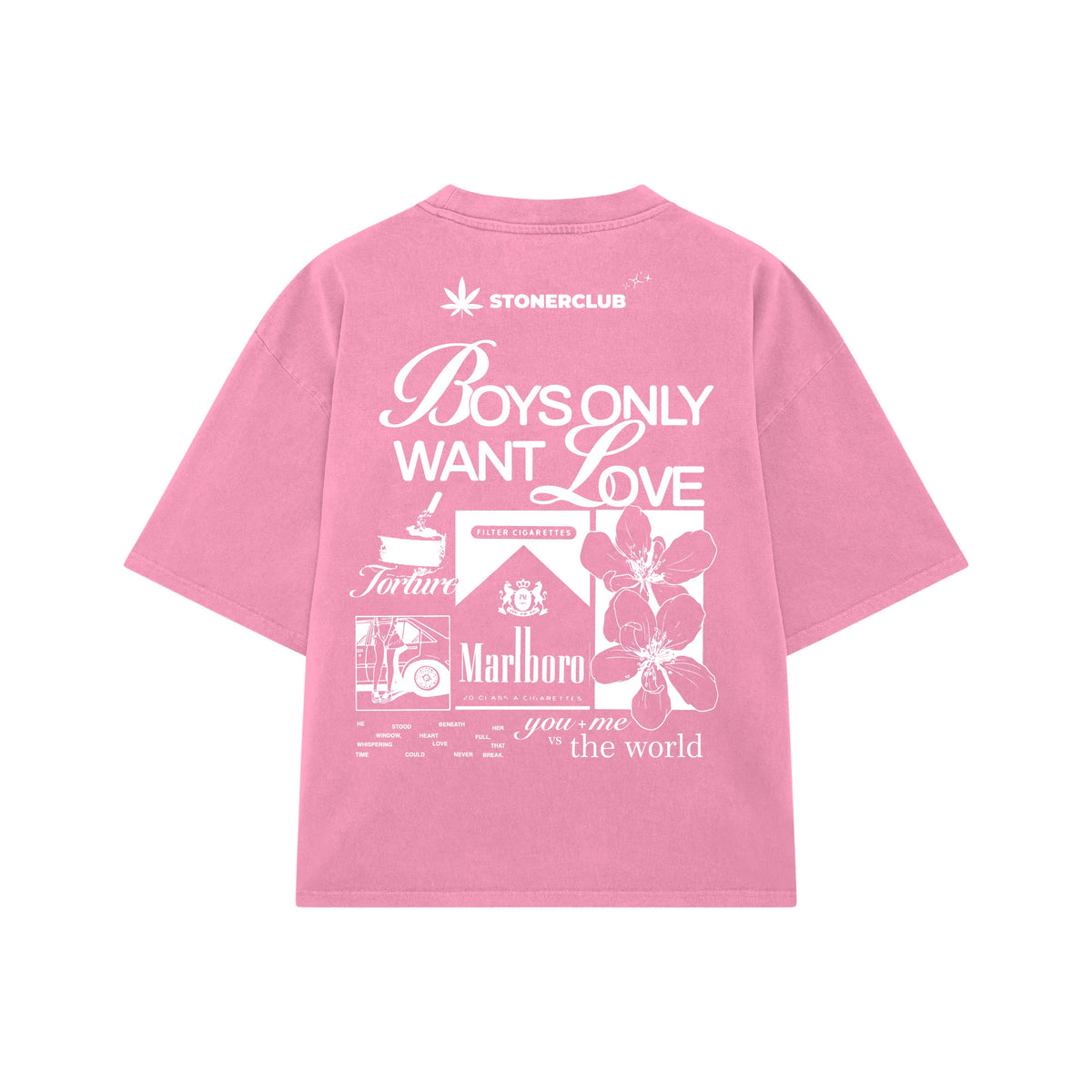 Pink boys' graphic T-shirt with 'Boys Only Want Love' back print and flower image