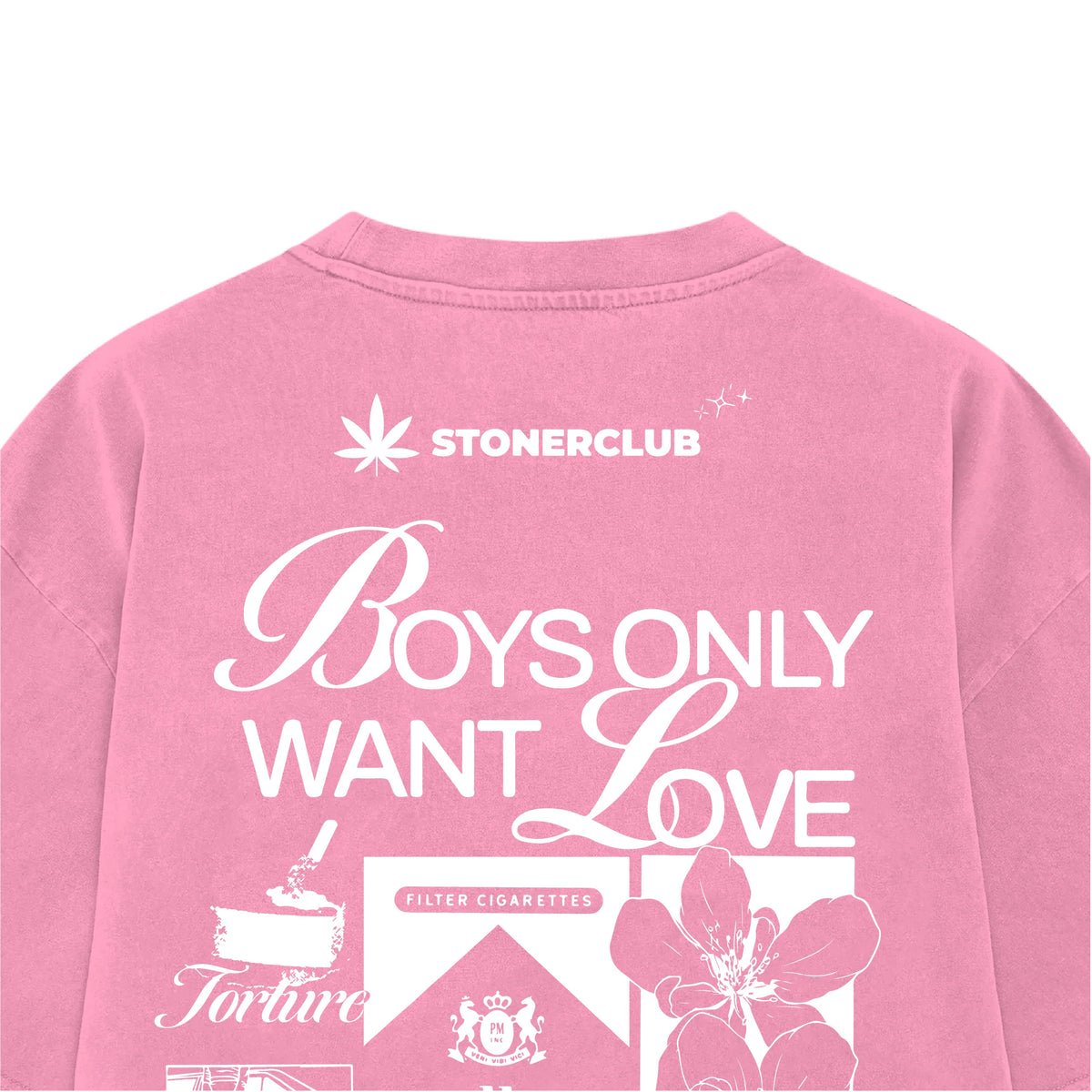 Pink boys' graphic T-shirt back close-up with STONERCLUB logo and 'Boys Only Want Love'