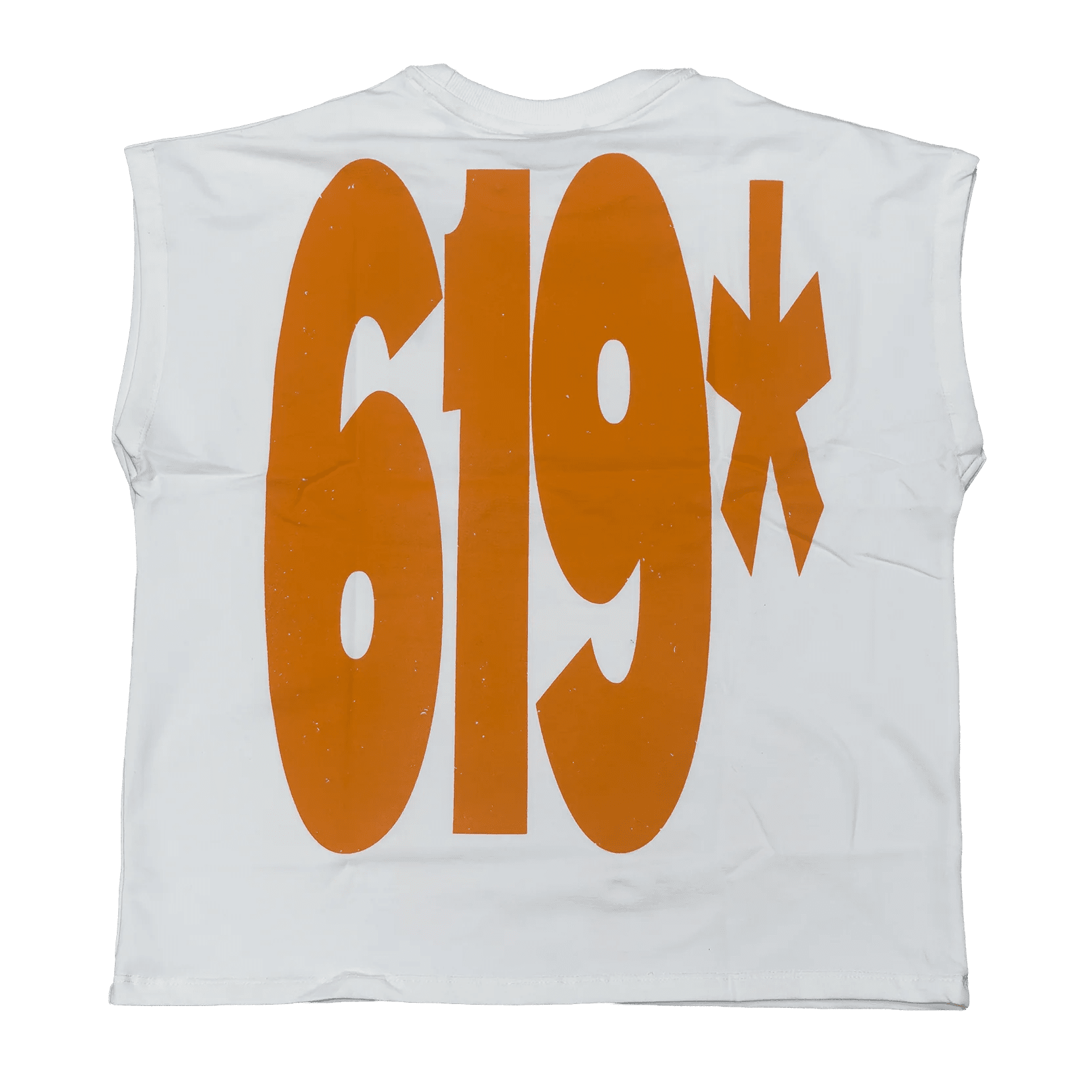 White sleeveless vest with large orange '619' print on the back