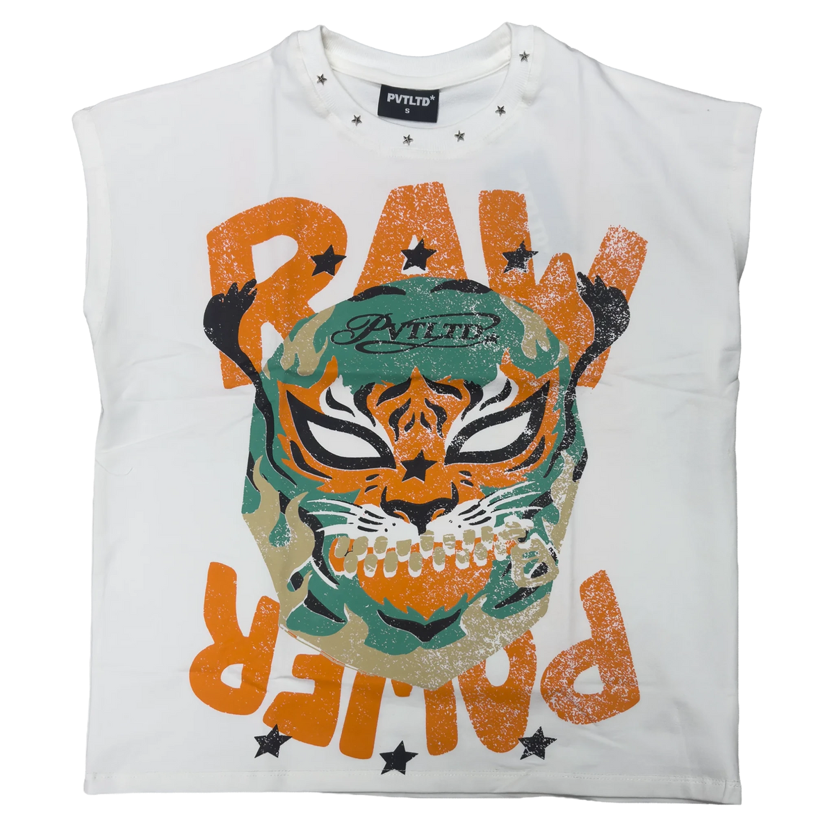 White graphic power vest featuring orange bear skull design with teal flames