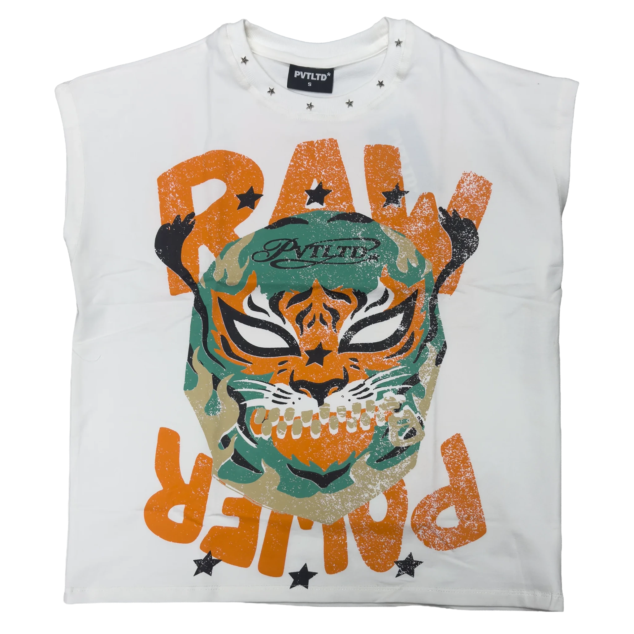 White graphic power vest featuring orange bear skull design with teal flames