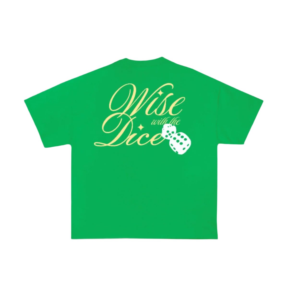 Green T-shirt with yellow Wise with the Dice text and dice graphic