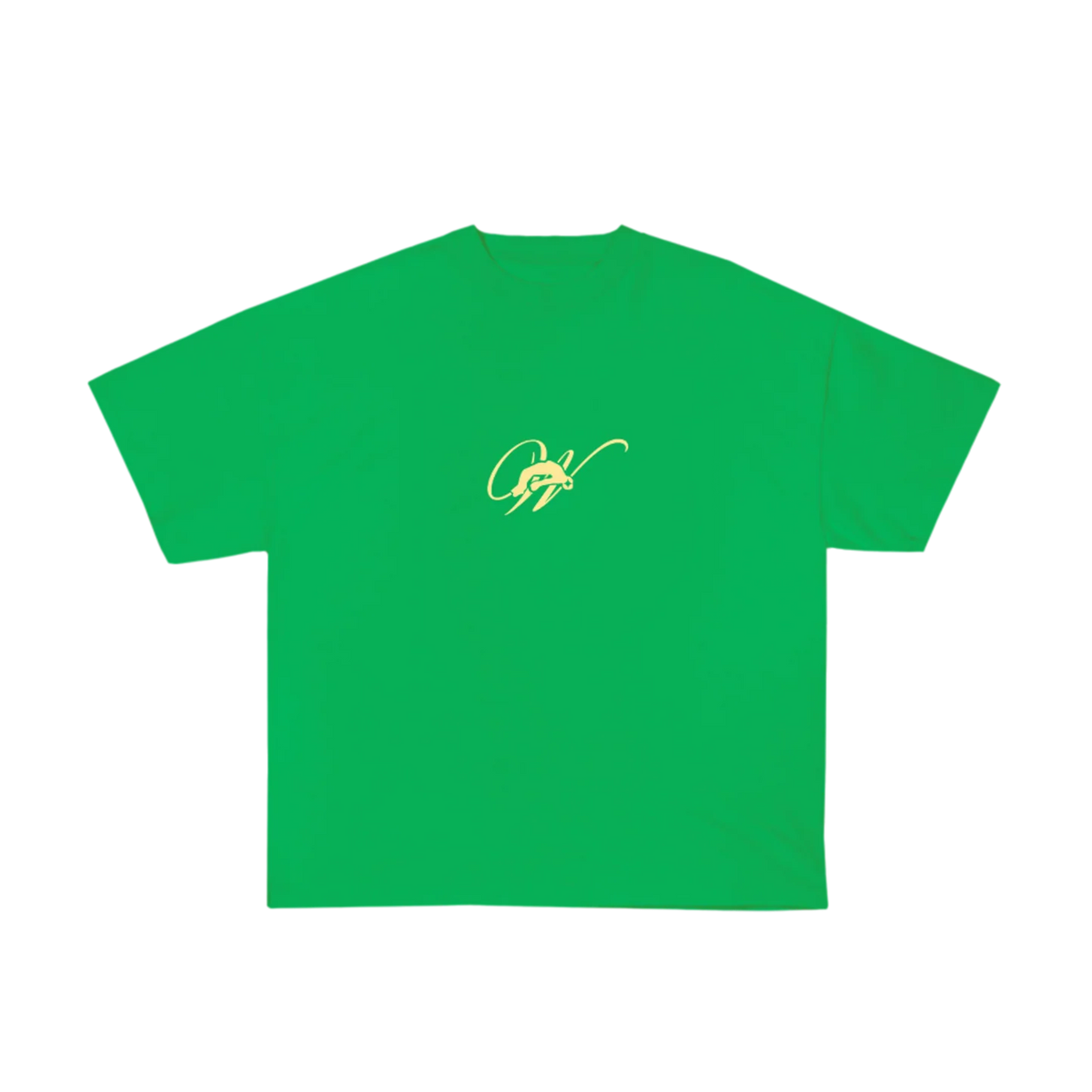 Green T-shirt with small yellow logo graphic on chest