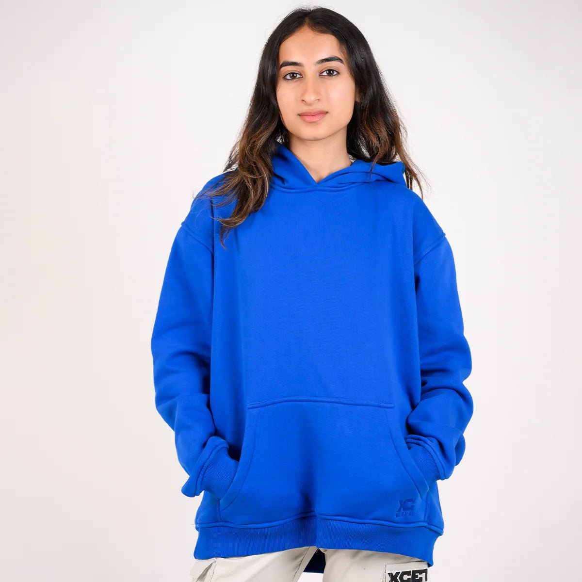Blue pullover hoodie with hood and kangaroo pocket, front view full body